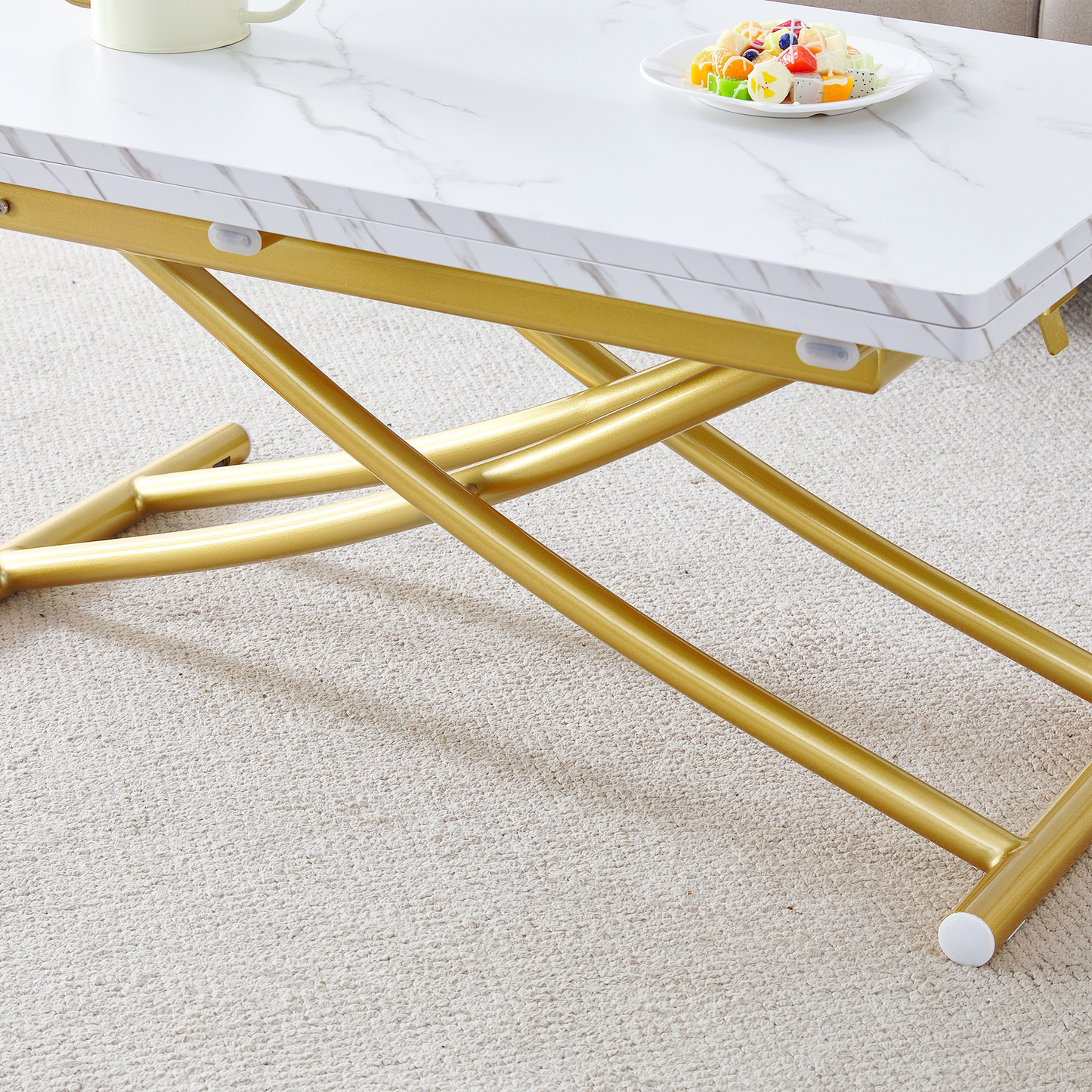 Table and Chair Set. Modern Multifunctional Lifting Platform, White Textured Sticker MDF Desktop, Gold Metal Legs. Paire
