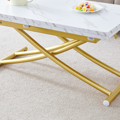 Table and Chair Set. Modern Multifunctional Lifting Platform, White Textured Sticker MDF Desktop, Gold Metal Legs. Paire