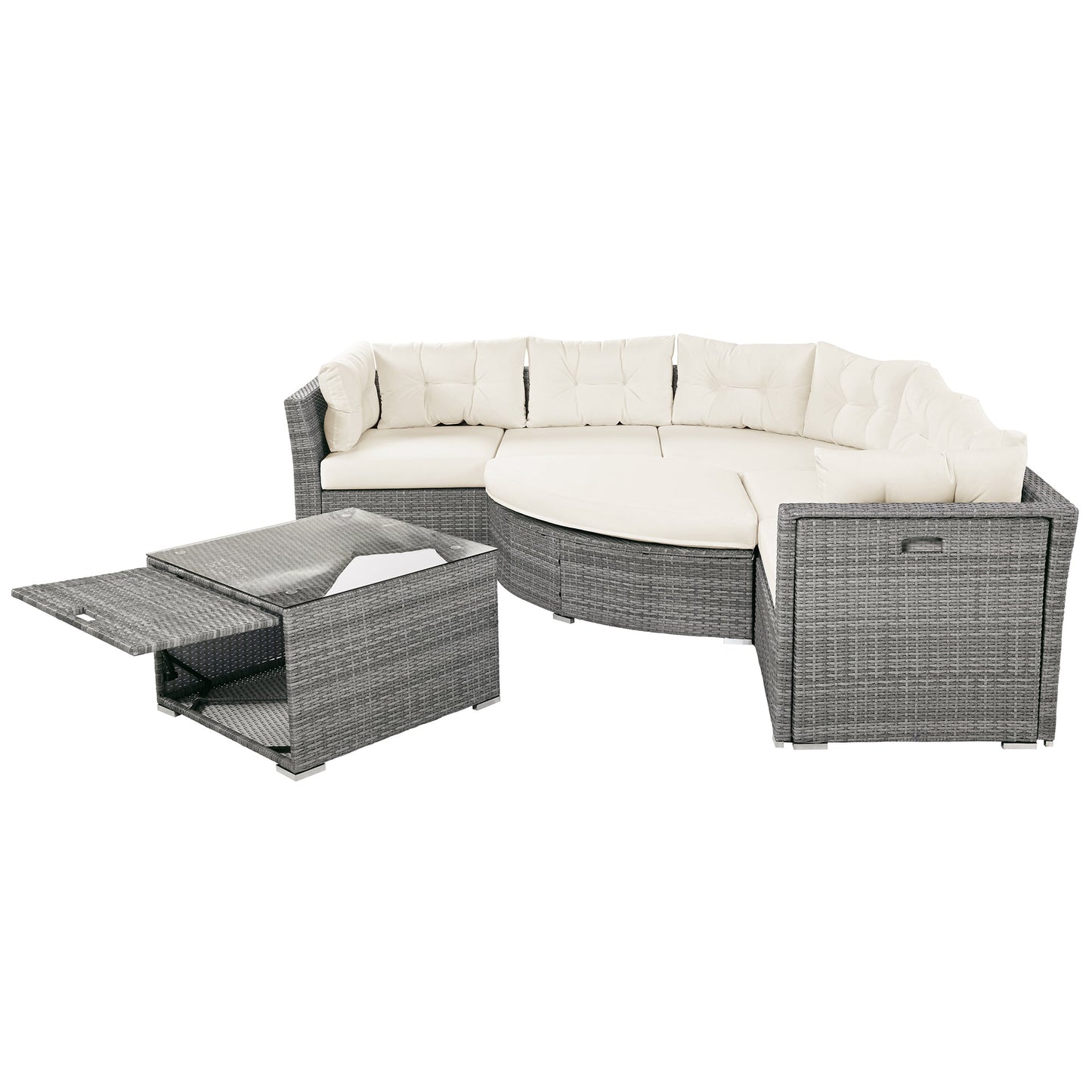 Patio Furniture Set Outdoor Daybed Rattan Sectional With Cushions and Center Table, Beige, Iron & Rattan, Multiple Sizes