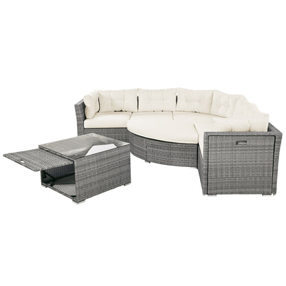 Patio Furniture Set Outdoor Daybed Rattan Sectional With Cushions and Center Table, Beige, Iron & Rattan, Multiple Sizes