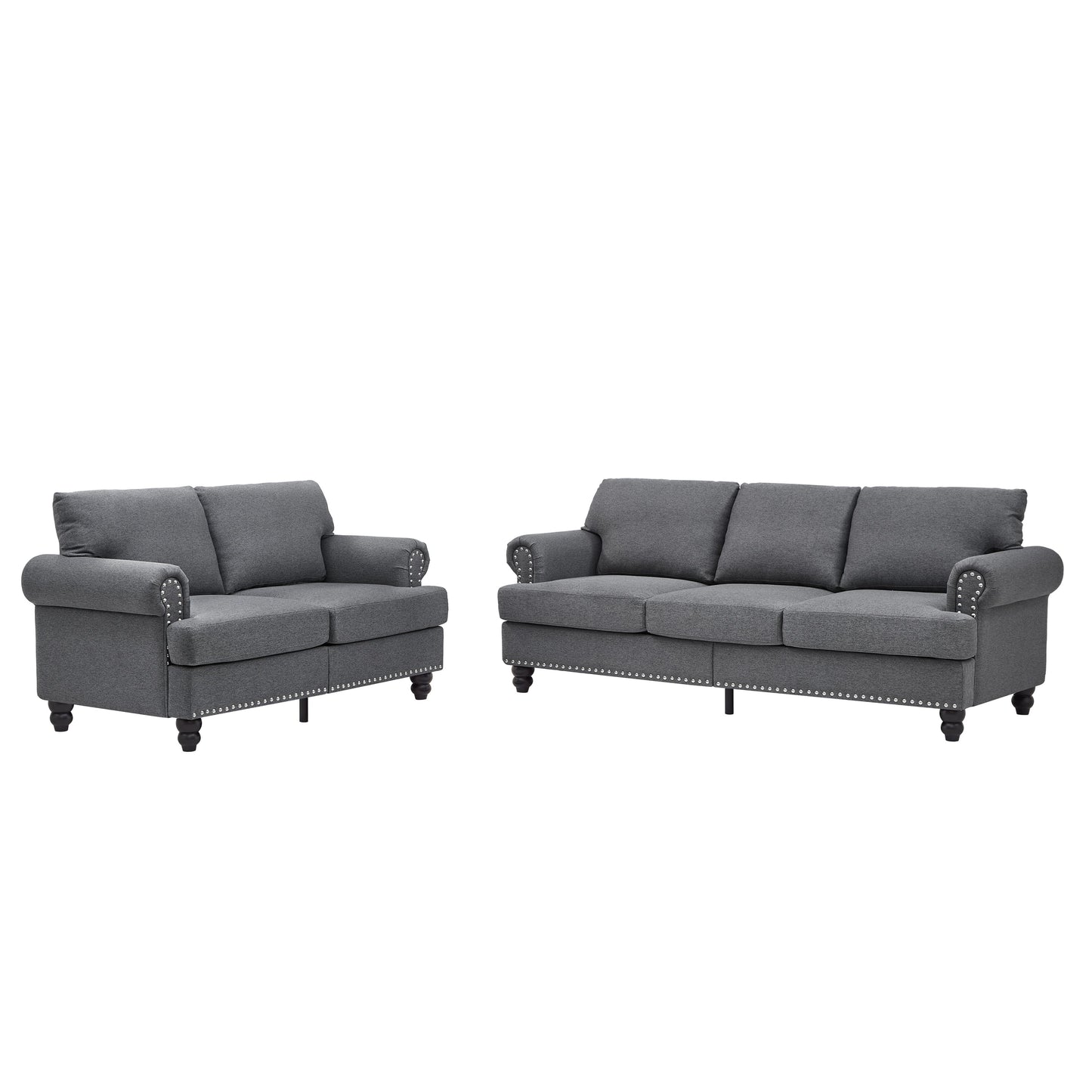 Modern Classic Design With Nails Living Room 2+3 Seater Sofa Fabric Couch,Upholstered Polyester Grey.