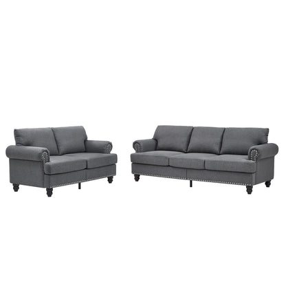 Modern Classic Design With Nails Living Room 2+3 Seater Sofa Fabric Couch,Upholstered Polyester Grey.
