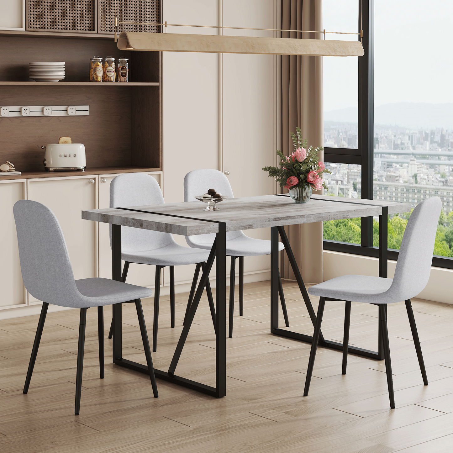 Table and Chair set.A Minimalist Retro Rectangular Dining Table With a Specially Textured Top and Black Metal legs.Paire