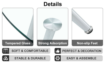 Table and Chair set.A 38.6' Diameter Transparent Tempered Glass Round Dining Table-Silver Metal Legs.Paried With 4 Black