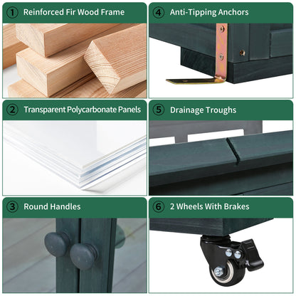 Garden Wood Portable Cold Frame With Movable Wheels Mini Greenhouse With Openable Roof and Storage Box, Forest Green