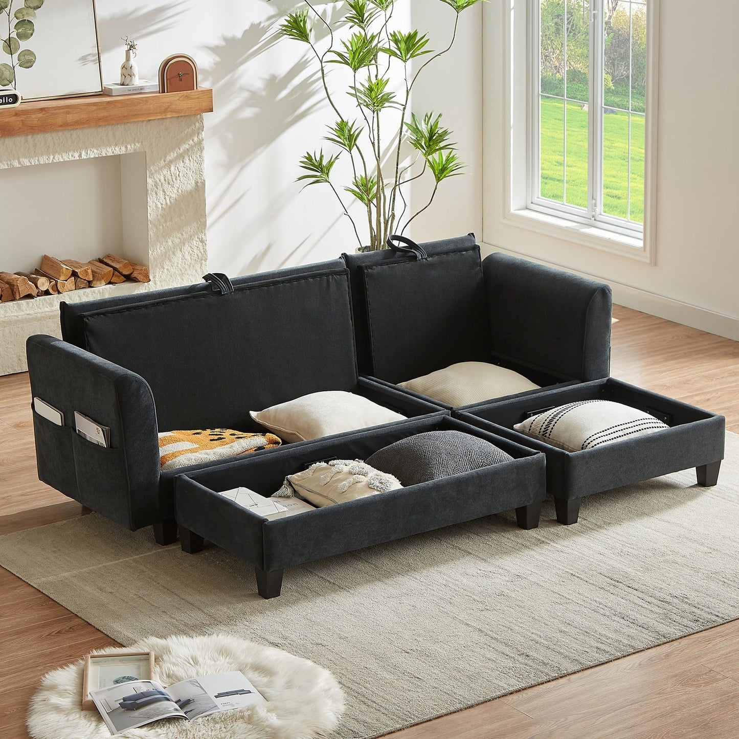 Black Upholstered 83' L-Shaped Sectional Sofa With Storage, Movable Ottoman, and Six Throw Pillows