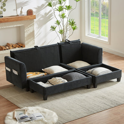 Black Upholstered 83' L-Shaped Sectional Sofa With Storage, Movable Ottoman, and Six Throw Pillows