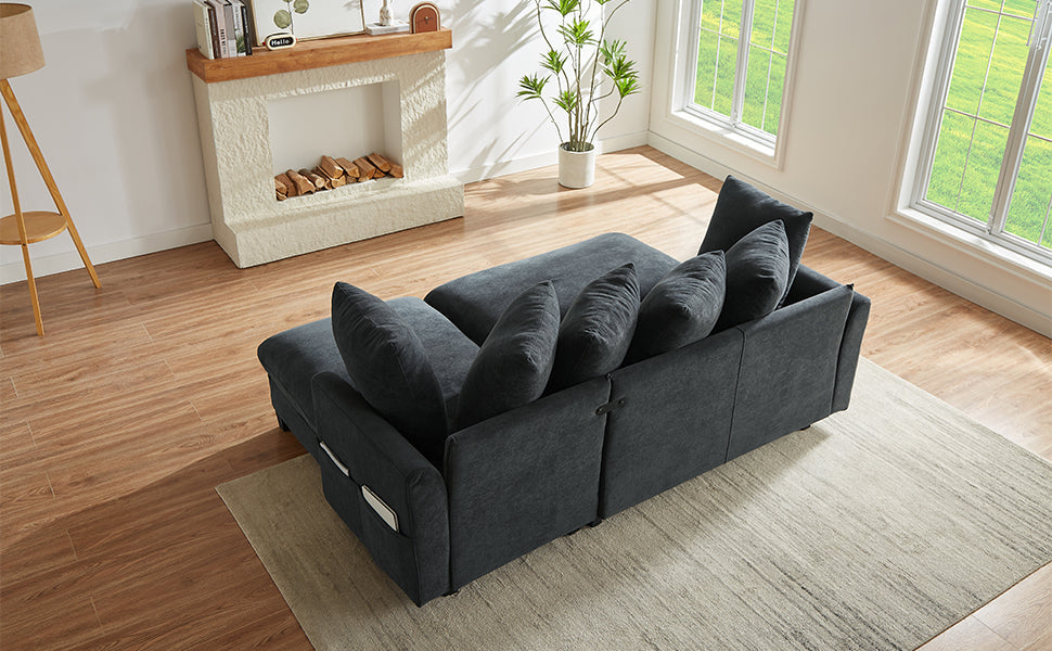 Black Upholstered 83' L-Shaped Sectional Sofa With Storage, Movable Ottoman, and Six Throw Pillows