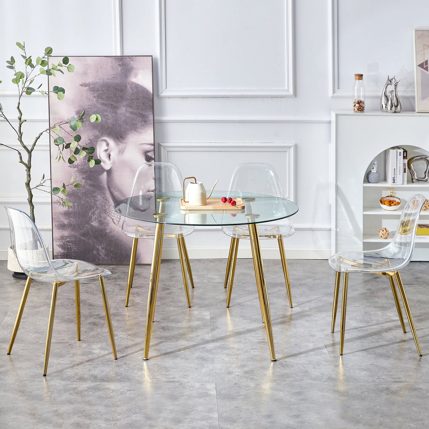 A Glass Tabletop With a Diameter of 40 Inches and a Modern Minimalist Circular Dining Table With Gold Plated Metal Legs.