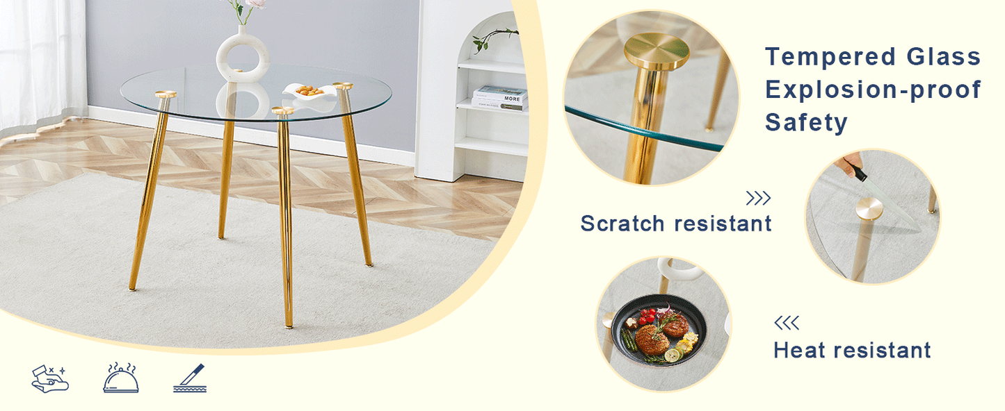 Table and Chair Set.39.7 Inch Diameter Modern Luxury Glass Dining Table and Chair Set - Gold Metal Legs.Paired With 4 WH