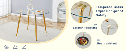 Table and Chair Set.39.7 Inch Diameter Modern Luxury Glass Dining Table and Chair Set - Gold Metal Legs.Paired With 4 WH