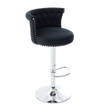 Velvet Bar Stool Set of 2, Adjustable Swivel Bar Stools With Silver Plated Metal Leg, Chrome Nailhead, Counter Height Ch