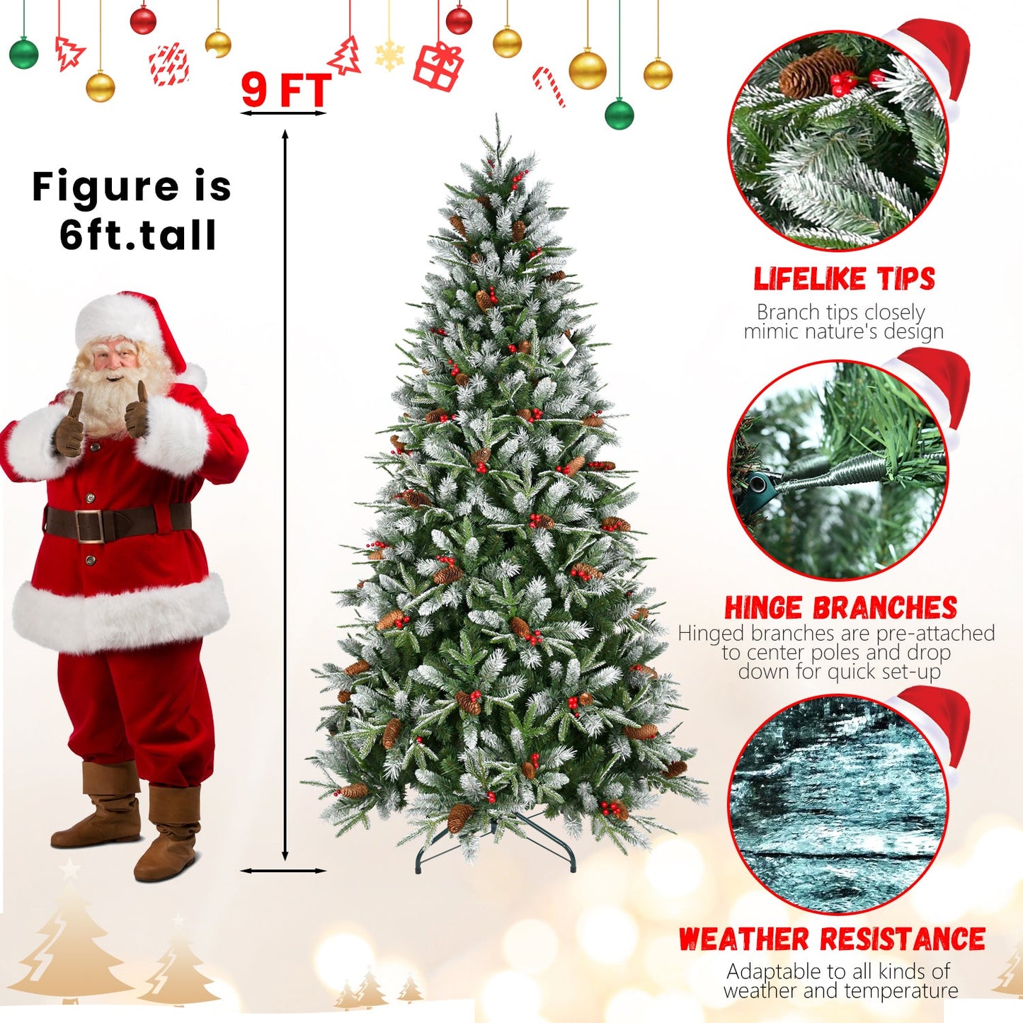 7FT Christmas Tree With 2178 Tips, Red Berries & Pine Cones – Snow-Dusted PE+PVC Branches, Hinged Design for Easy Setup,