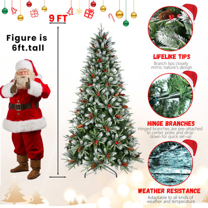 7FT Christmas Tree With 2178 Tips, Red Berries & Pine Cones – Snow-Dusted PE+PVC Branches, Hinged Design for Easy Setup,