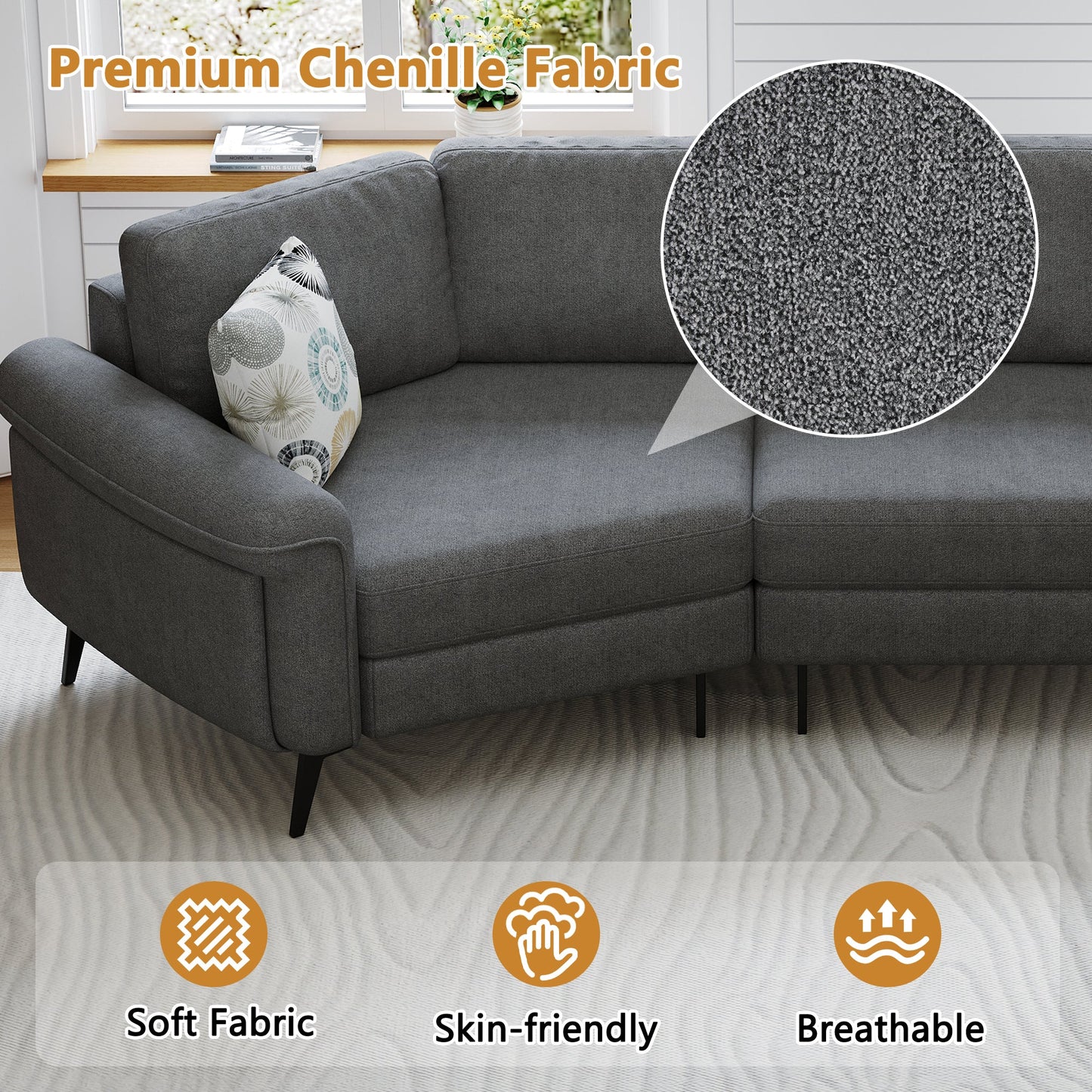 111' Upholstered 3-Seater Sofa Curved Sofa Couch With Two Printed Pillows for Living Room, Dark Gray