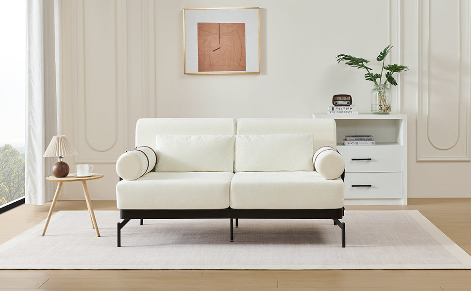 Modern Loveseat Sofa 59' Couch With Flexible USB Ports, Unique Cylindrical Armrests, Beige Chenille