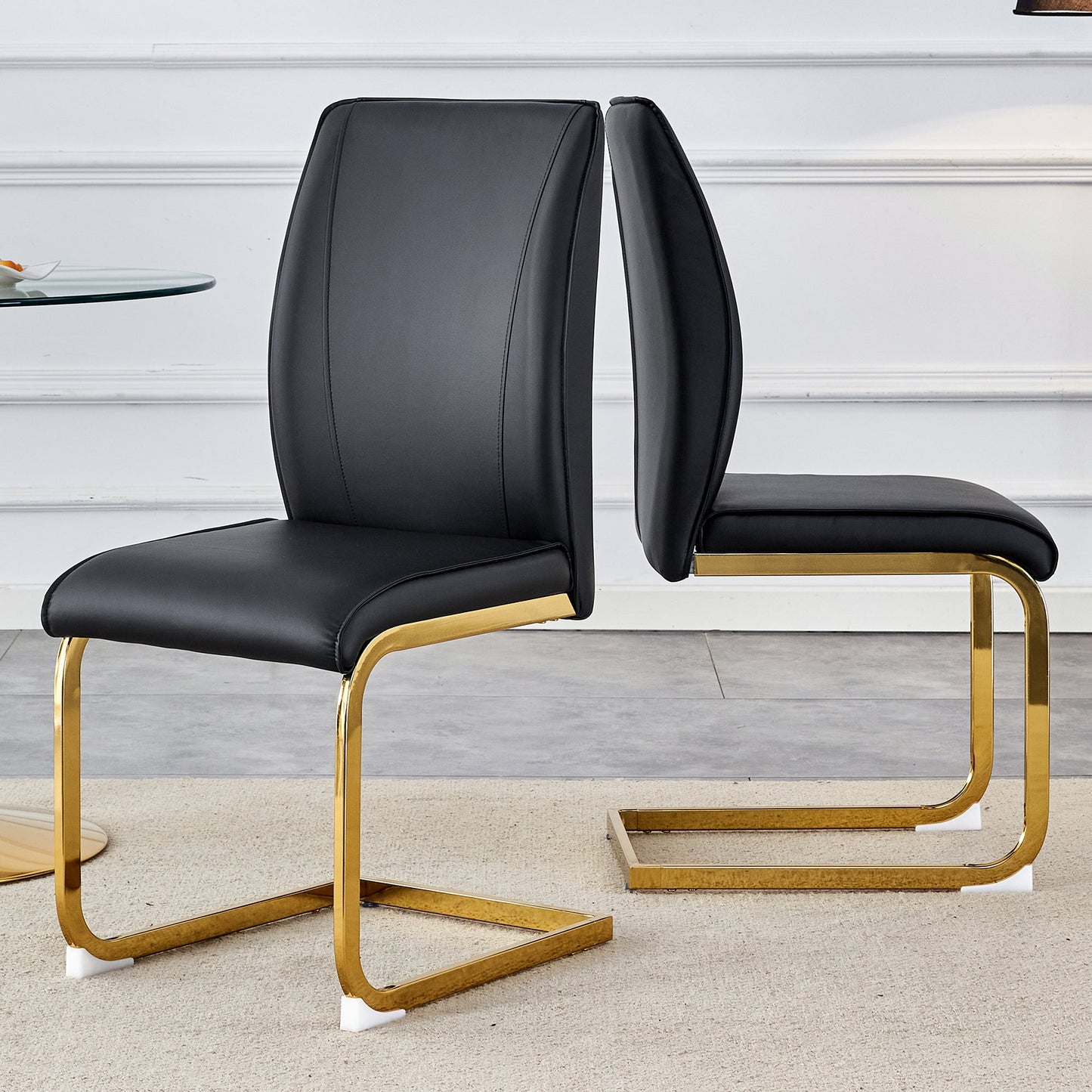 Luxurious and Minimalist Chair Covers, 2 High Elasticity Dining Chairs, Black PU Material, Metal Gold Arched Legs.