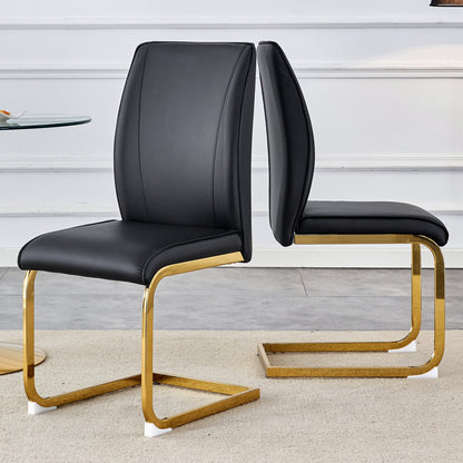Luxurious and Minimalist Chair Covers, 2 High Elasticity Dining Chairs, Black PU Material, Metal Gold Arched Legs.