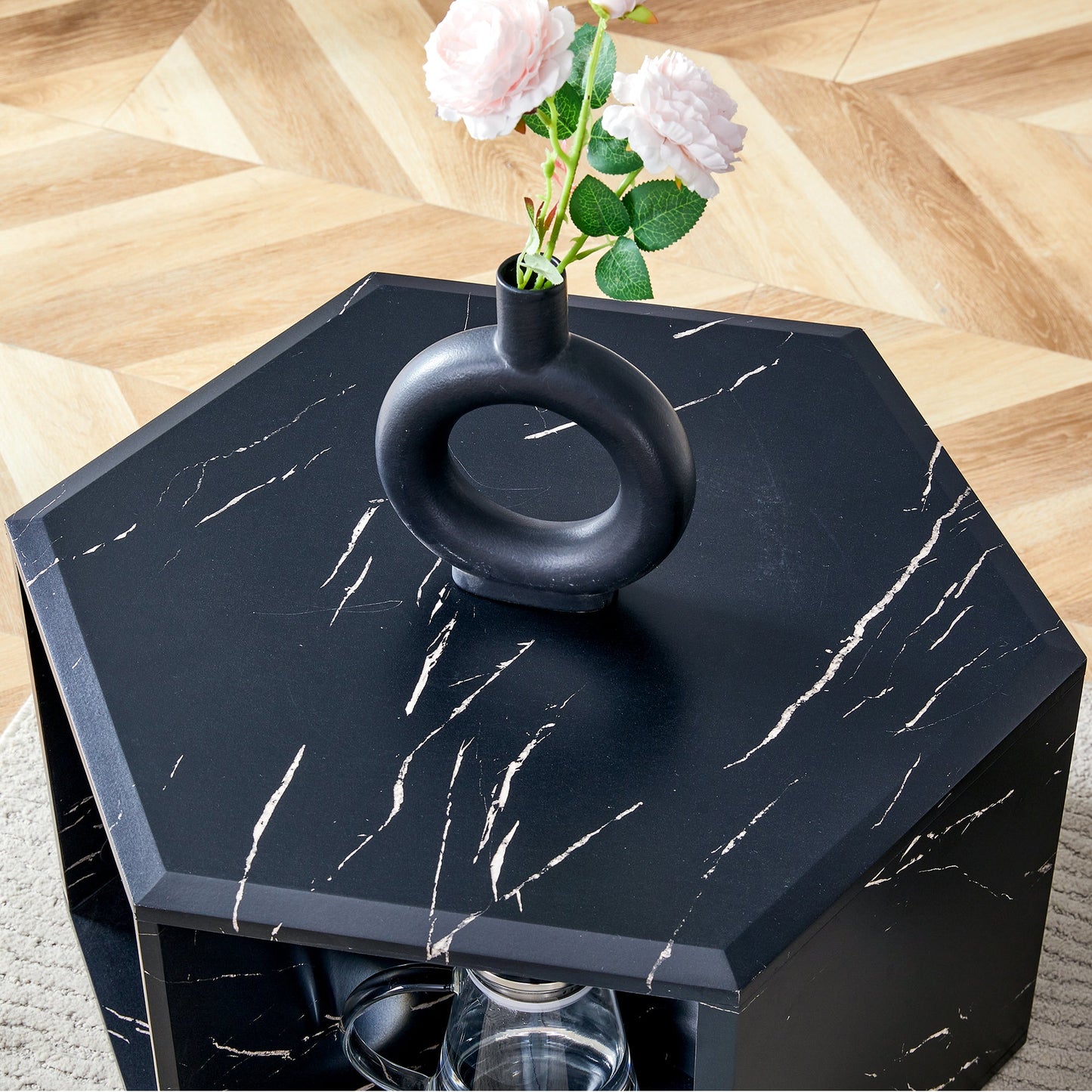 Hexagonal MDF Coffee Table, Characteristic Pattern Stickers, Multi-Hole Design to Give More Storage Space, Simple and Co