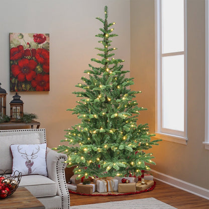 6ft Pre-Lit Christmas Tree With 300 Warm White LED Lights, 611 PE+PVC Tips, Realistic Layered Look, Unique Wooden Base –