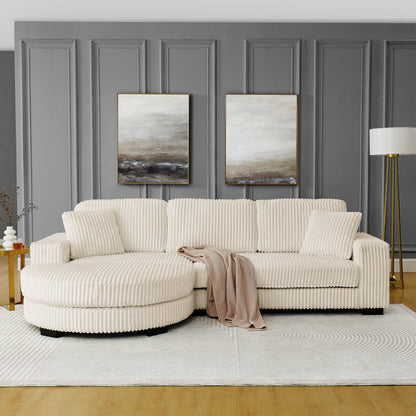 Corduroy Tufted Upholstered Sleeper Sectional Sofa, L-Shaped Modular Convertible Sofa ,The Arc-Shaped Footstool Can Be P