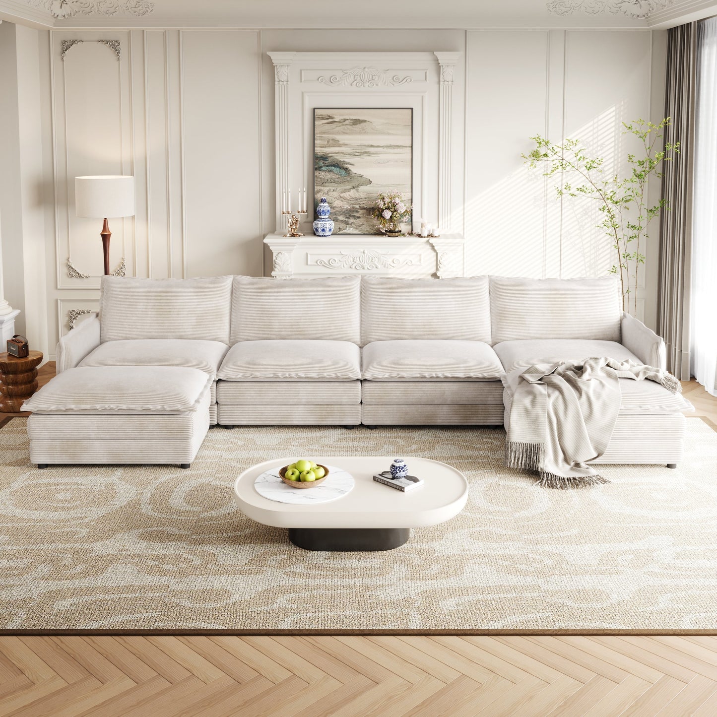 Corduroy Fabric 4-Seater Comfy Cloud Couch With 2 Movable Footrest for Living Room,Oversized Deep Seat U-Shaped Couch Se