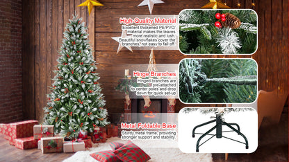 7FT Christmas Tree With 2178 Tips, Red Berries & Pine Cones – Snow-Dusted PE+PVC Branches, Hinged Design for Easy Setup,