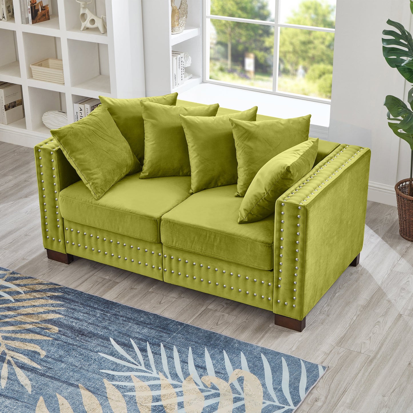 Modern Design Living Room Sofa 2+3 Seater Square Armrest With Silver Nails Decoration Upholstered Velvet Couch Green