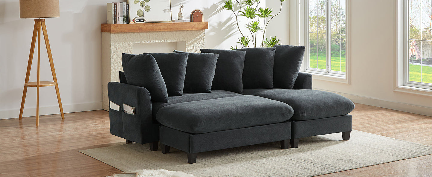 Black Upholstered 83' L-Shaped Sectional Sofa With Storage, Movable Ottoman, and Six Throw Pillows