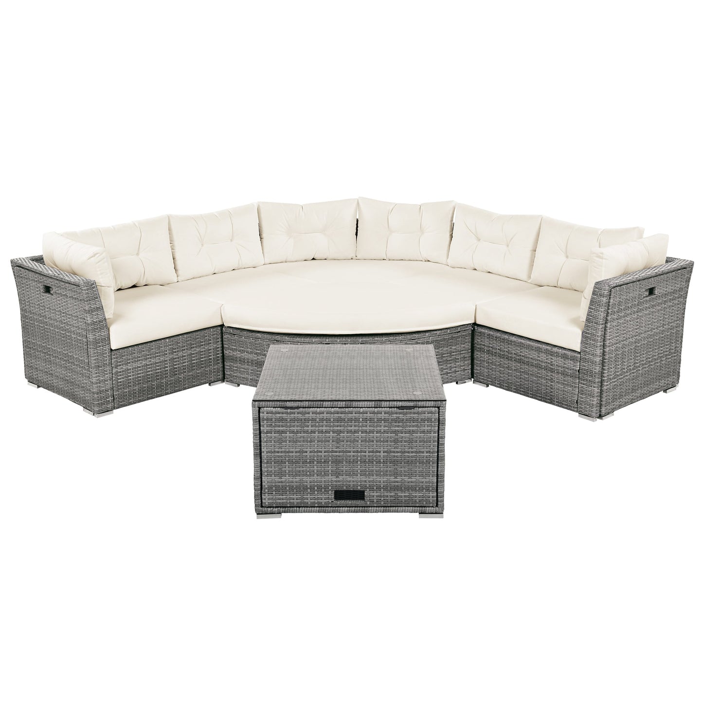 Patio Furniture Set Outdoor Daybed Rattan Sectional With Cushions and Center Table, Beige, Iron & Rattan, Multiple Sizes