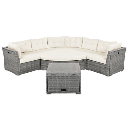 Patio Furniture Set Outdoor Daybed Rattan Sectional With Cushions and Center Table, Beige, Iron & Rattan, Multiple Sizes