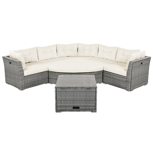 Patio Furniture Set Outdoor Daybed Rattan Sectional With Cushions and Center Table, Beige, Iron & Rattan, Multiple Sizes