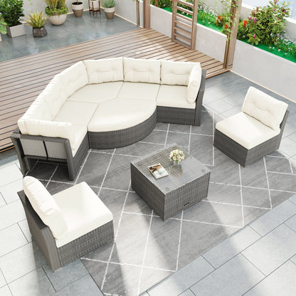 Patio Furniture Set Outdoor Daybed Rattan Sectional With Cushions and Center Table, Beige, Iron & Rattan, Multiple Sizes