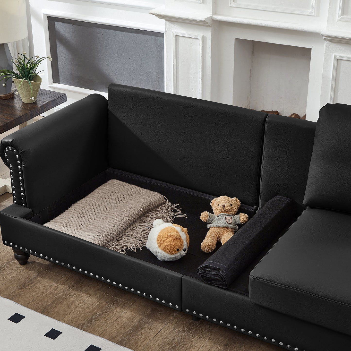 83' Modern Classic Design With Nails Living Room Sofa Leather Couch,Upholstered Imitation Cowhide Leather Black