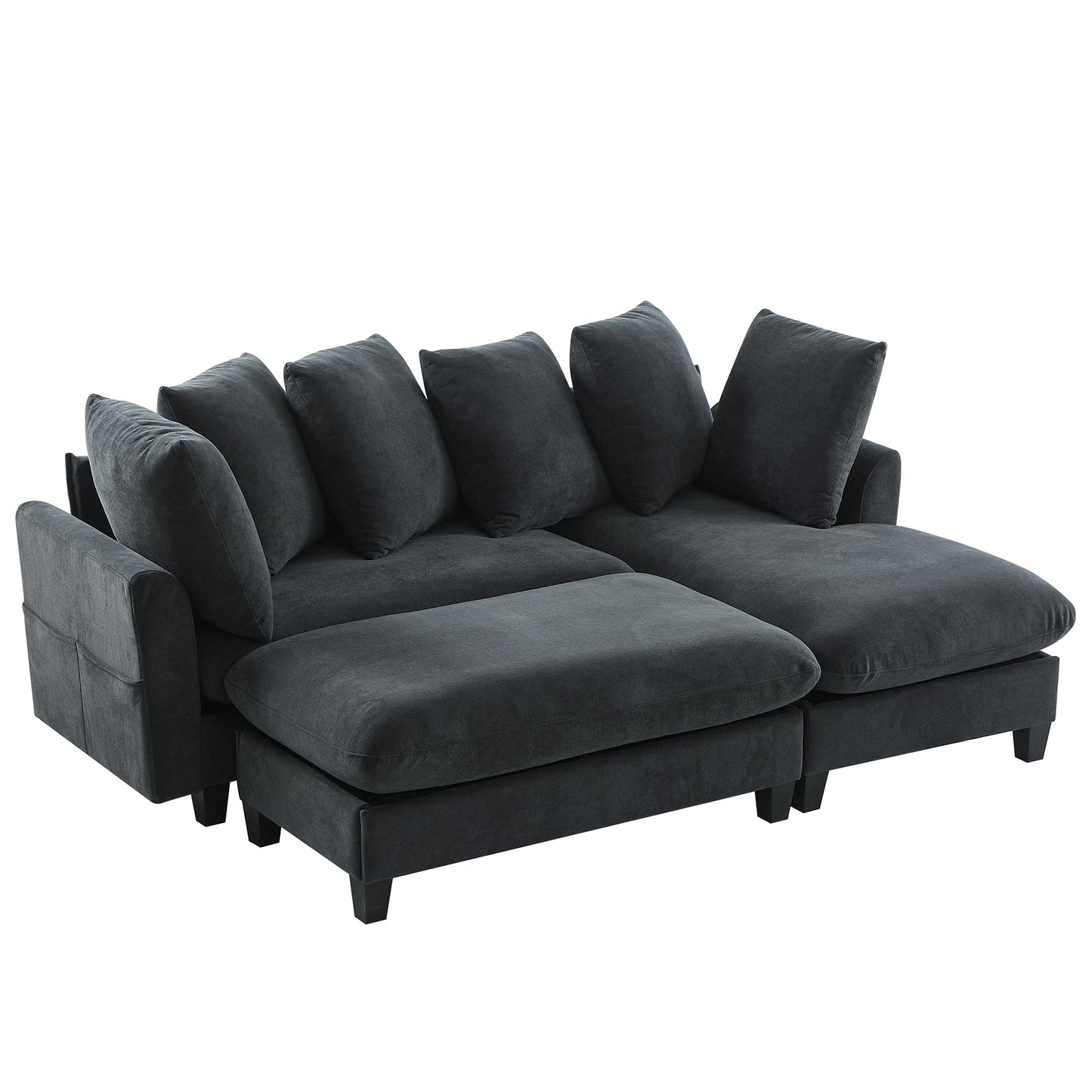 Black Upholstered 83' L-Shaped Sectional Sofa With Storage, Movable Ottoman, and Six Throw Pillows