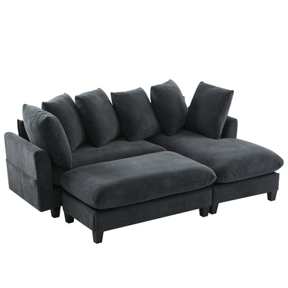 Black Upholstered 83' L-Shaped Sectional Sofa With Storage, Movable Ottoman, and Six Throw Pillows