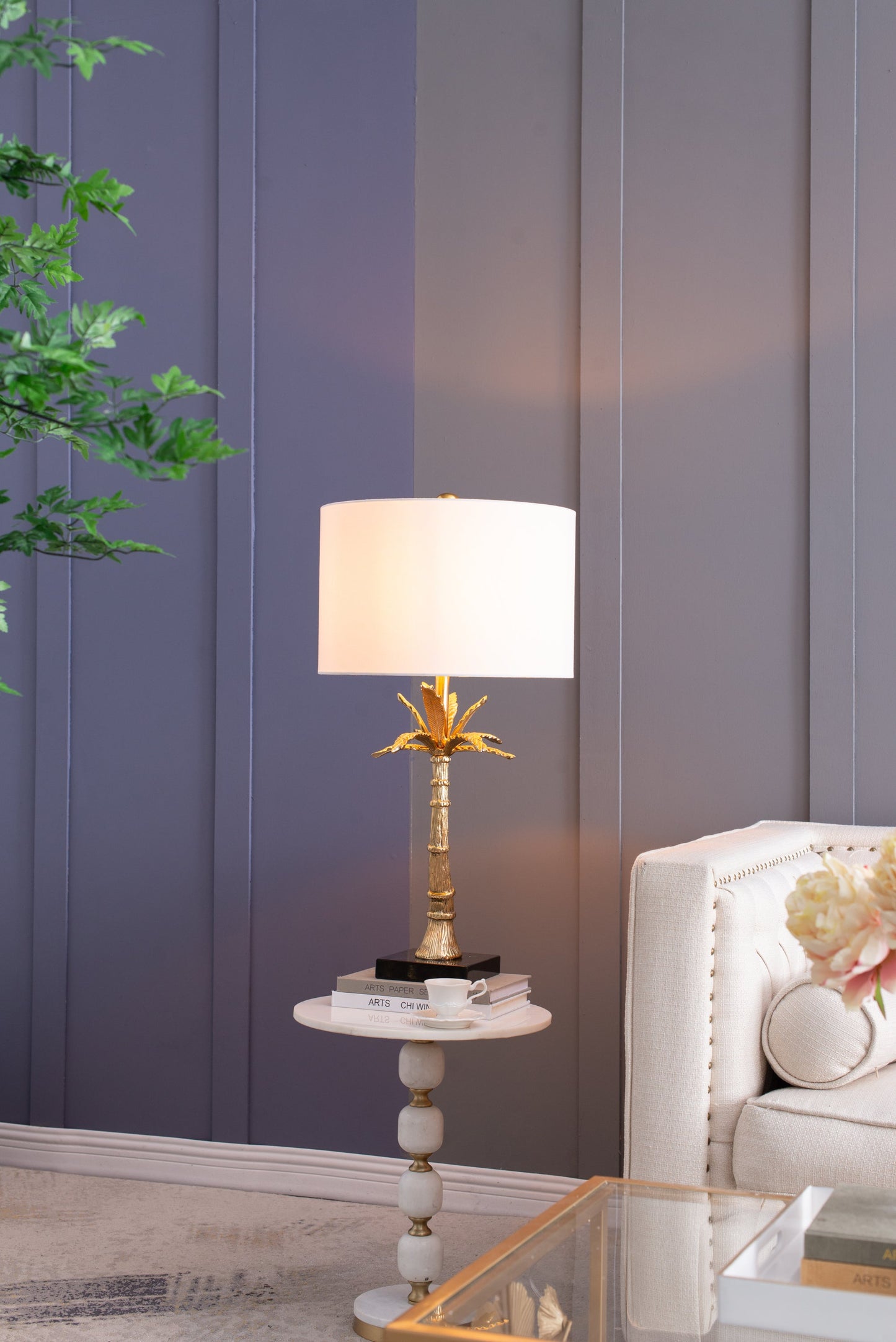 D16x31' Leaf Lamp With Marble Base, Gold (Lamp Shade Assembly Required)