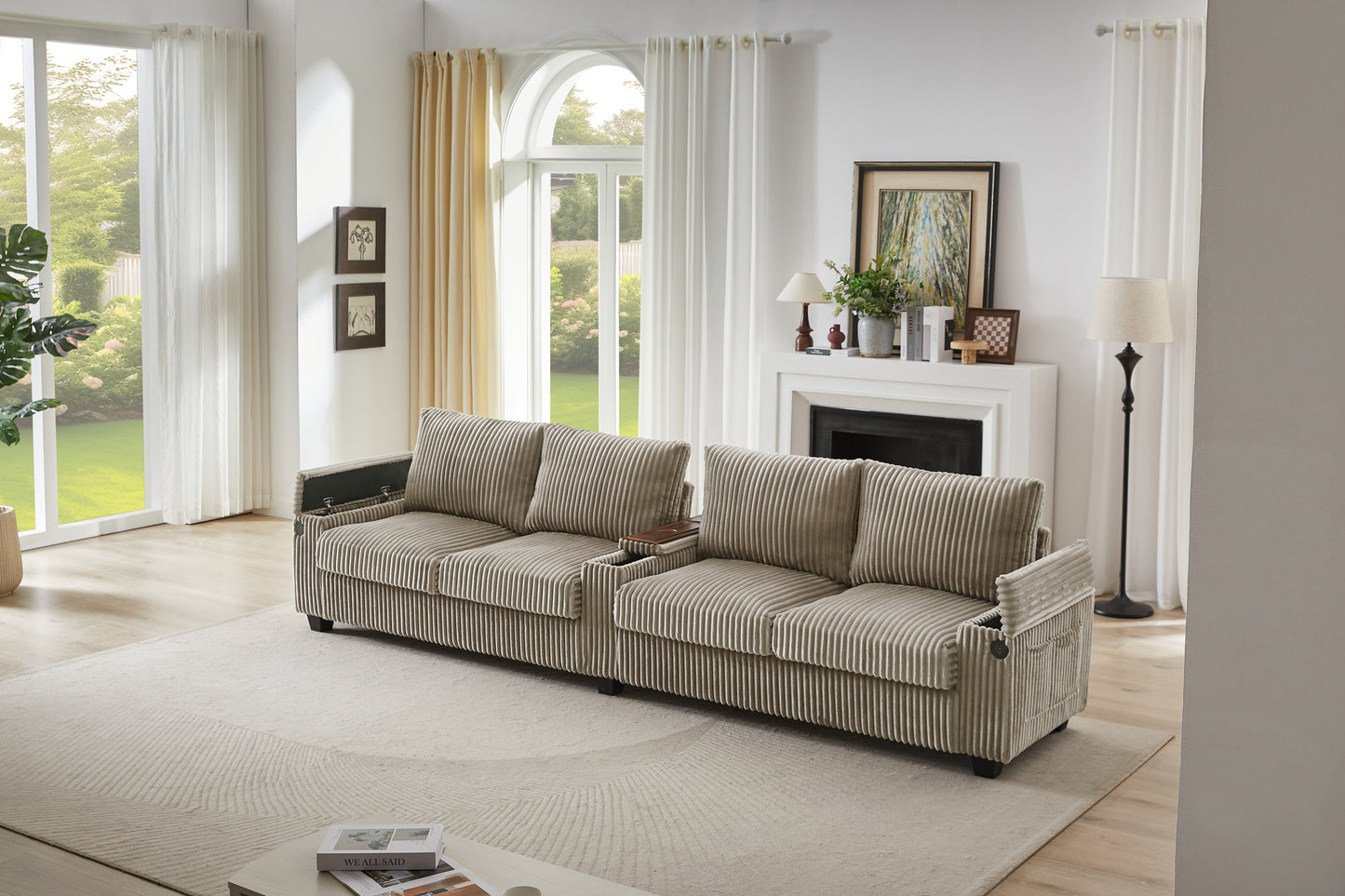 Modern 4-Seater Corduroy Sofa Couch With USB Ports, Hidden Storage Arms, and Flip-Top Cup Holders, Brown, 133 Inches