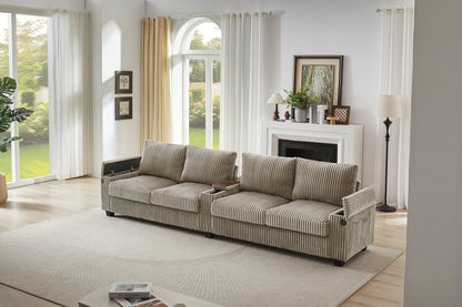 Modern 4-Seater Corduroy Sofa Couch With USB Ports, Hidden Storage Arms, and Flip-Top Cup Holders, Brown, 133 Inches