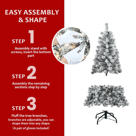 7FT Flocked Christmas Tree With 350 Warm White Incandescent Lights – Snowy Artificial Holiday Tree With 1022 Tips and St