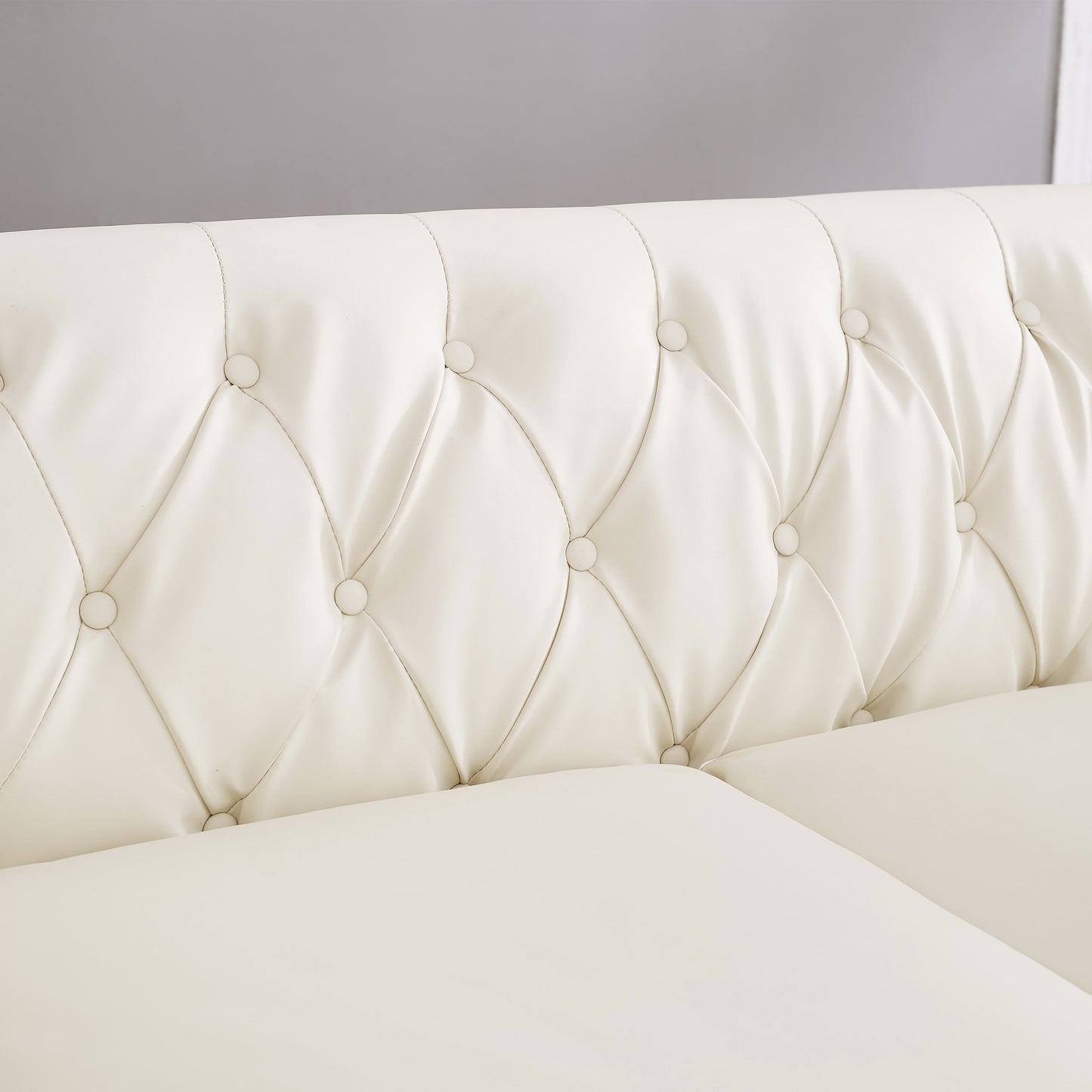 85.8' Living Room Chesterfield Sofa Classic Tufted Design Faux Leather PU Upholstered Sofa With Storage (Ivory)
