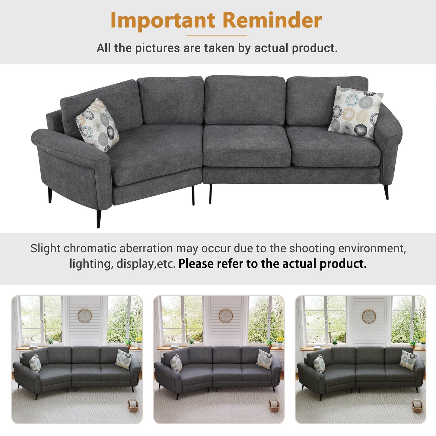 111' Upholstered 3-Seater Sofa Curved Sofa Couch With Two Printed Pillows for Living Room, Dark Gray