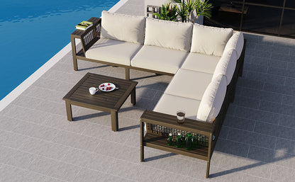 4 Pieces Outdoor Acacia Wood Sofa Set, Woven Mesh Armrests, L-Shaped Patio Furniture Sofa Set With Coffee Table, Outdoor