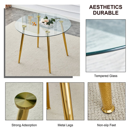 A Glass Tabletop With a Diameter of 40 Inches and a Modern Minimalist Circular Dining Table With Gold Plated Metal Legs.
