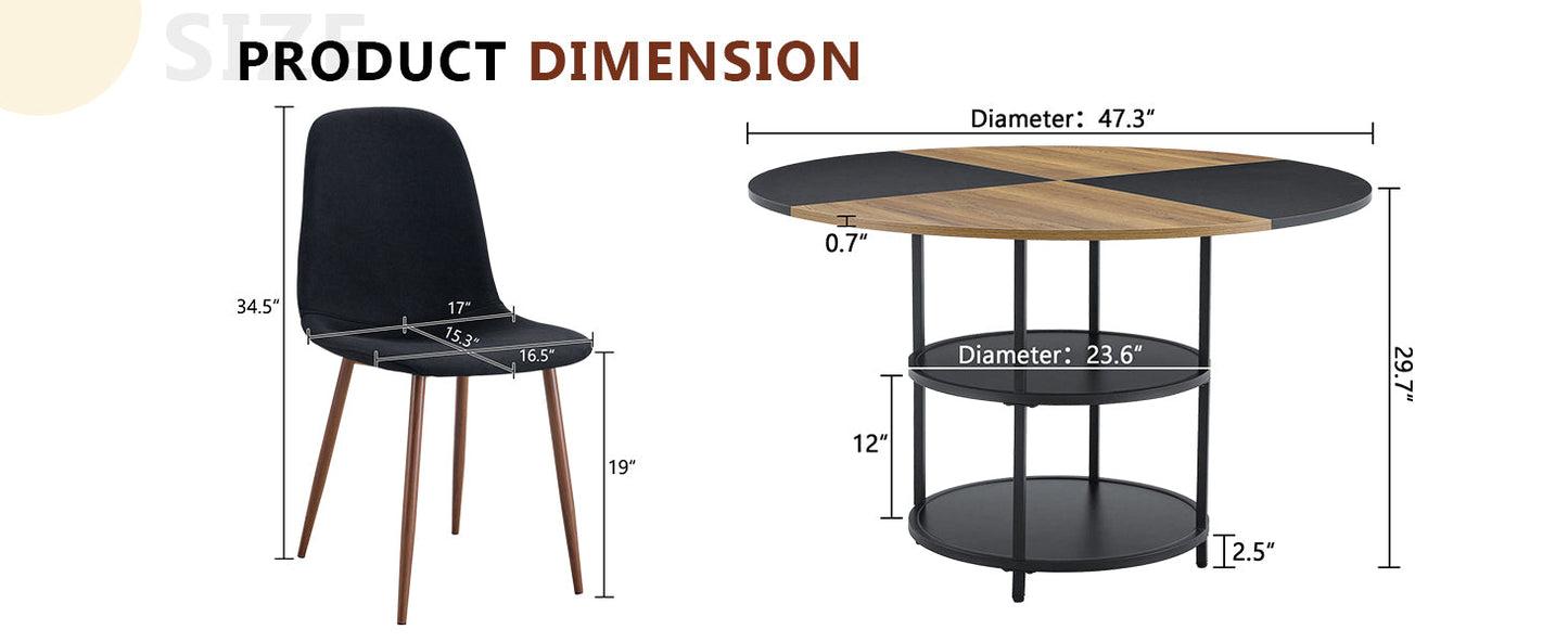 Table and Chair set.A 47.3-Inch Diameter Modern Splicing Circular Dining Table - Double-Layer storage.Paired With 4 Blac