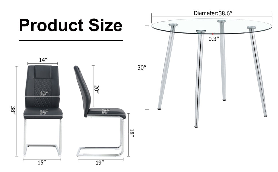 Table and Chair set.A 38.6' Diameter Transparent Tempered Glass Round Dining Table-Silver Metal Legs.Paried With 4 Black