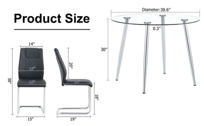 Table and Chair set.A 38.6' Diameter Transparent Tempered Glass Round Dining Table-Silver Metal Legs.Paried With 4 Black
