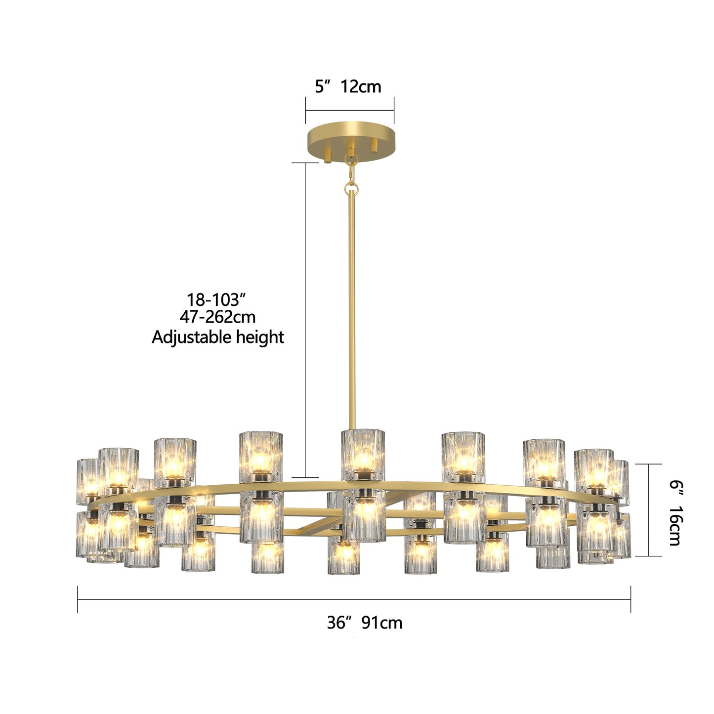 Modern 36' Gold Round Chandelier Light Fixture, K9 Crystal Chandeliers for Dining Room, Living Room, Dining Room Chandel