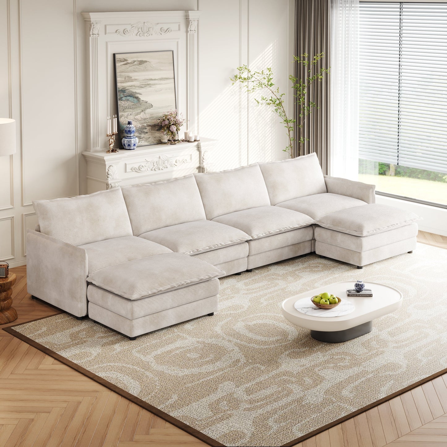 Corduroy Fabric 4-Seater Comfy Cloud Couch With 2 Movable Footrest for Living Room,Oversized Deep Seat U-Shaped Couch Se