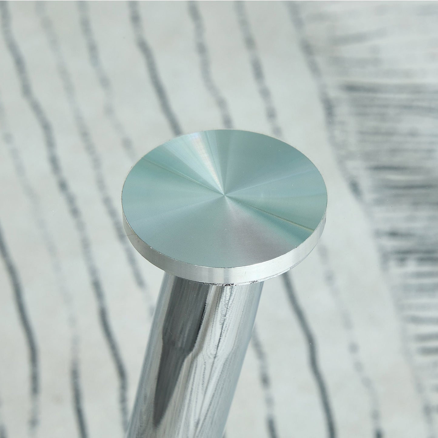 Table and Chair set.A 38.6' Diameter Transparent Tempered Glass Round Dining Table-Silver Metal Legs.Paried With 4 Black